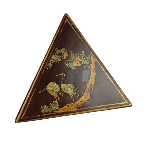 Vintage Chinese Triangular Shaped Leather Over Wood Wedding Box Cranes Tree - Picture 1 of 9